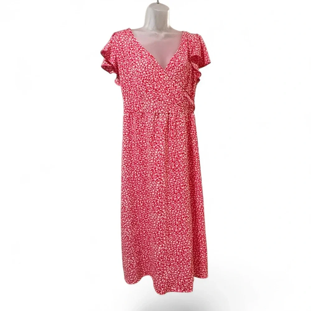 QUIZ Wrap Midi Dress Womens Size 10 Pink Abstract Print Flutter Sleeve Tie Back - Picture 2 of 7